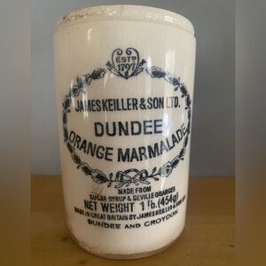 Antique James Keiller & Son Dundee Orange Marmalade ceramic crock.